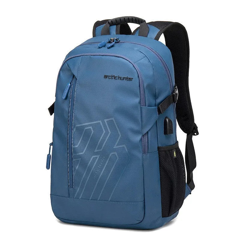 18-inch plaid pattern casual computer backpack with curved shoulder strap in blue colour