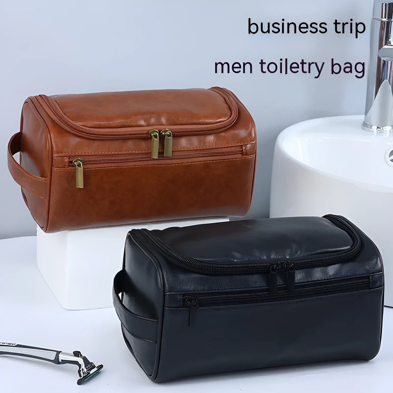 Large capacity men's waterproof cosmetic bag in PU brown with carry handle, 25x14x13cm