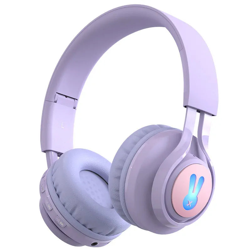Wireless children's headphones with RGB LED lights in bunny pink colour