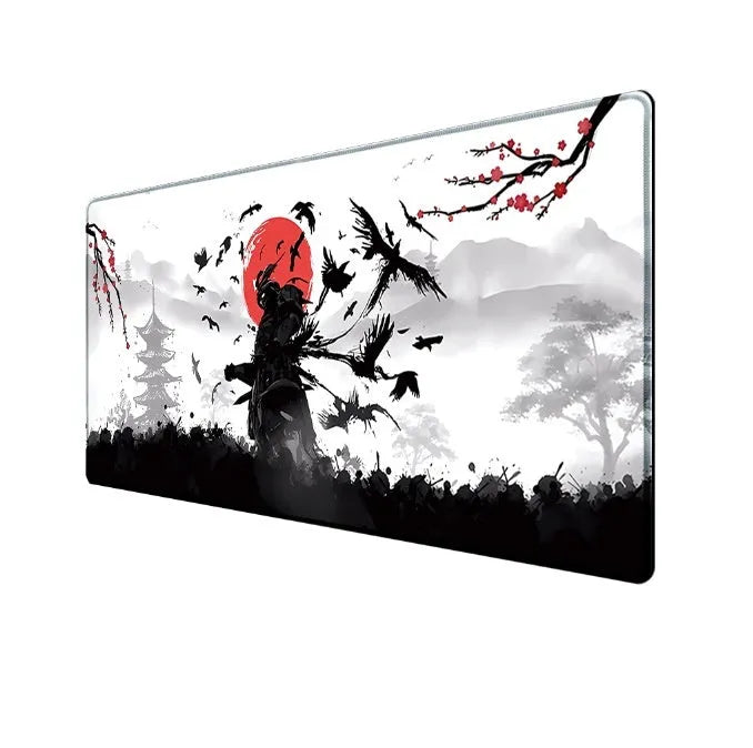 Japanese samurai design cloth gaming mouse pad on a desk, showing non-slip base and thermal transfer print detail.
