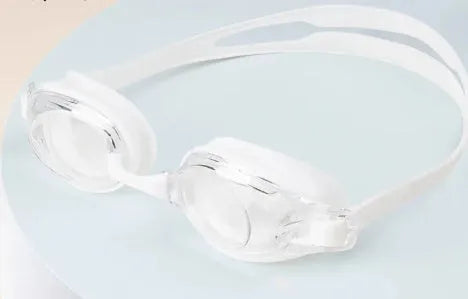 Myopia swimming goggles with anti-fog lenses and a protective storage case in assorted colours.