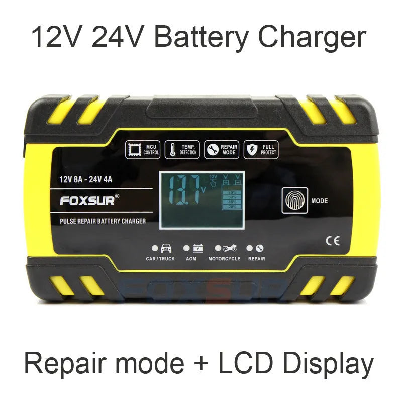 Motorcycle and car battery charger with screen display for 12V and 24V lead-acid batteries