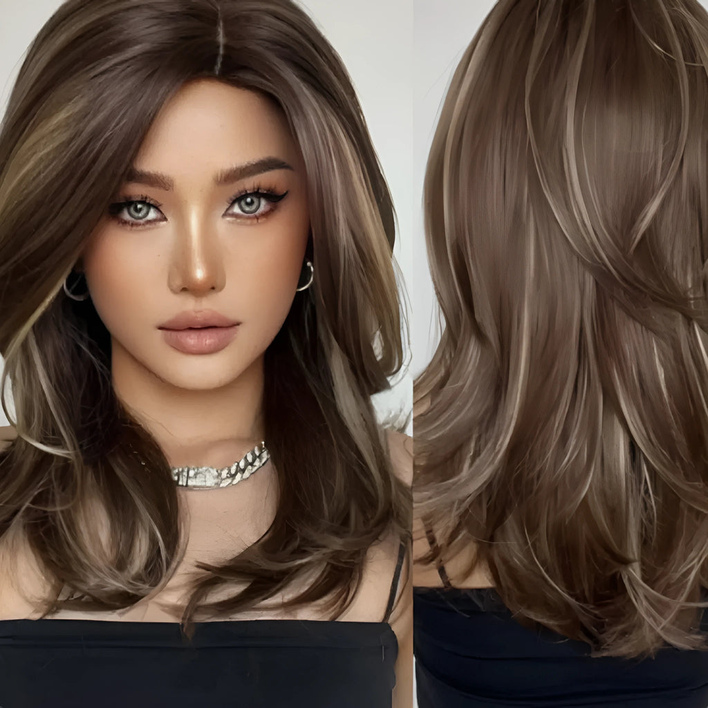 Mid-length platinum gradient curly wig with long bangs in high-temperature fibre.