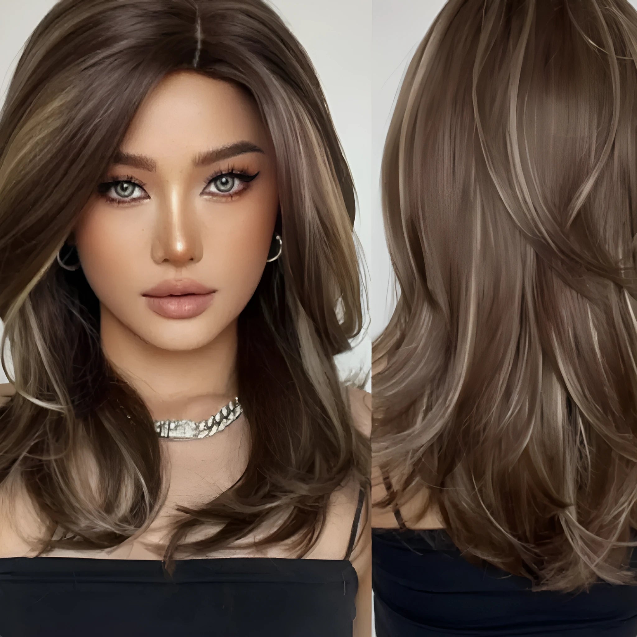 Mid-length platinum gradient curly wig with long bangs in high-temperature fibre.