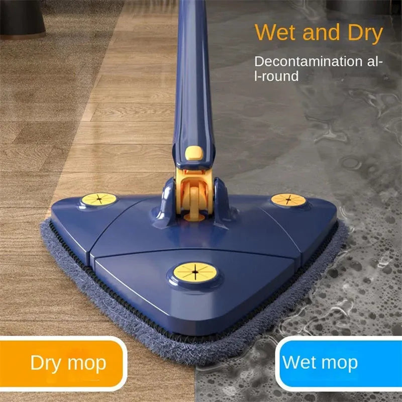 Extendable blue triangle mop with rotating head and long stainless steel pole for cleaning floors and walls.