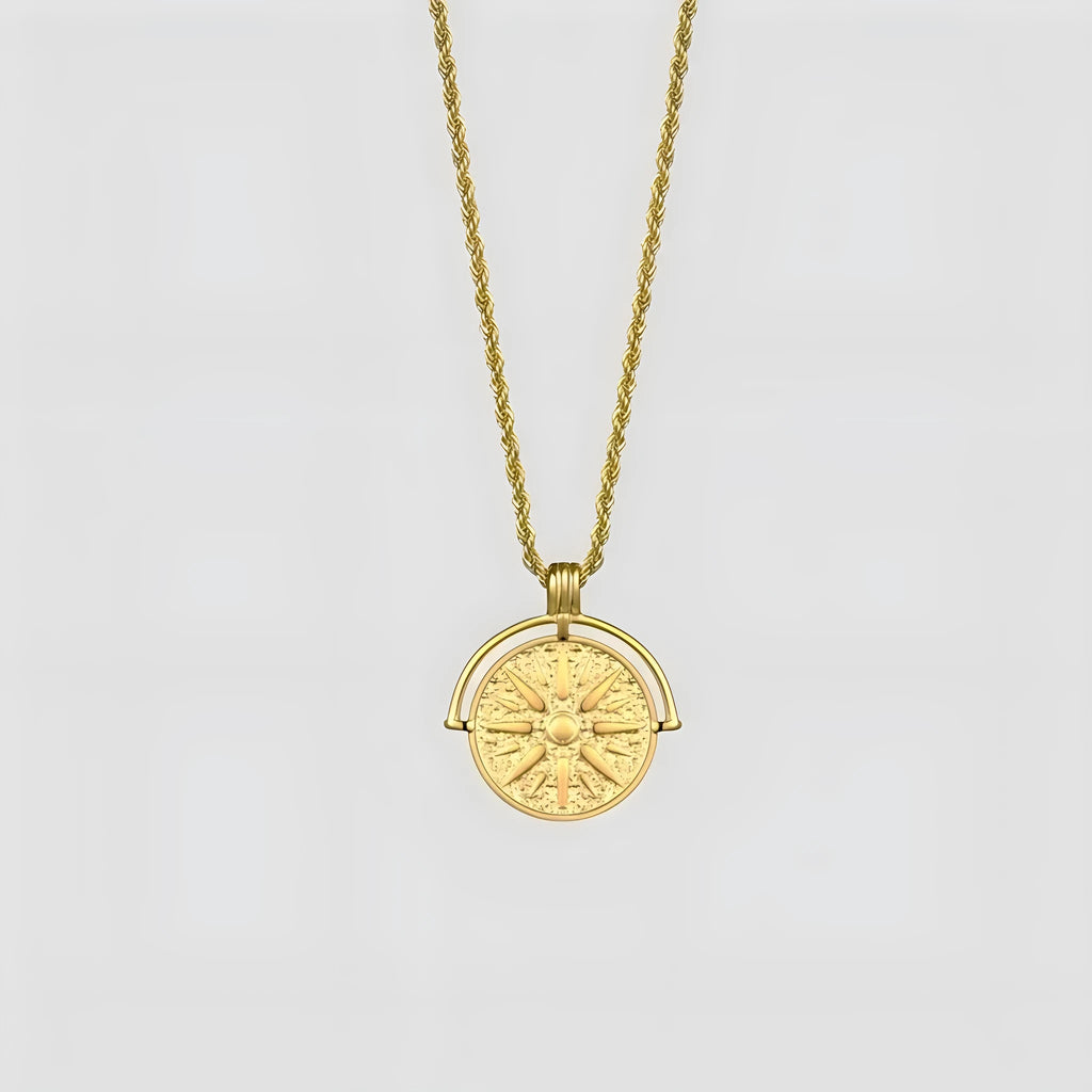 Stainless steel sunflower embossed pendant necklace with geometric star design on adjustable hemp flower chain