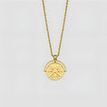 Stainless steel sunflower embossed pendant necklace with geometric star design on adjustable hemp flower chain