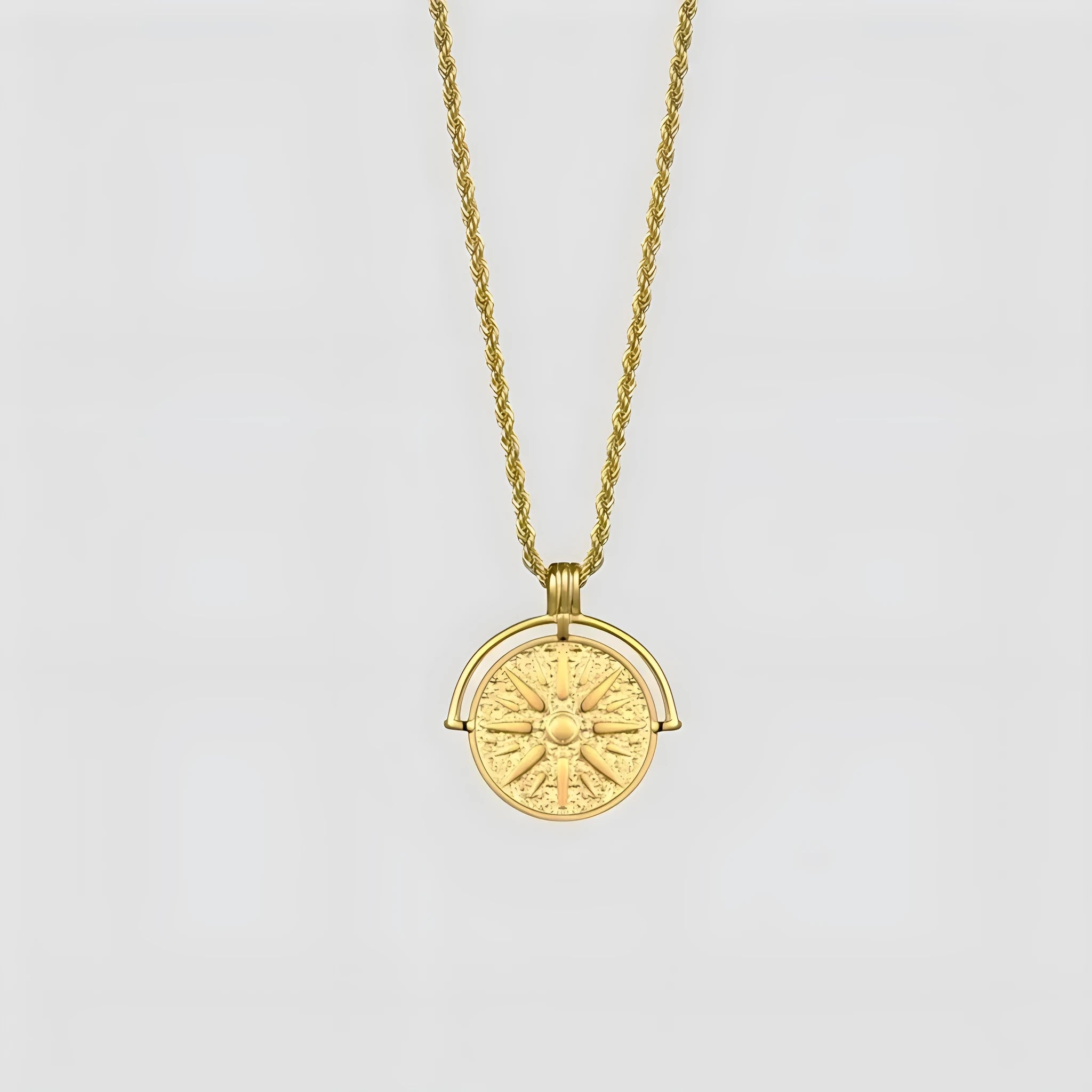 Stainless steel sunflower embossed pendant necklace with geometric star design on adjustable hemp flower chain