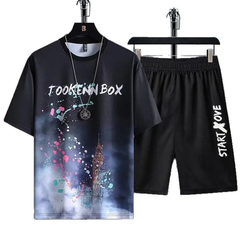 Men's light grey polyester shorts suit with short sleeves and matching shorts for summer.
