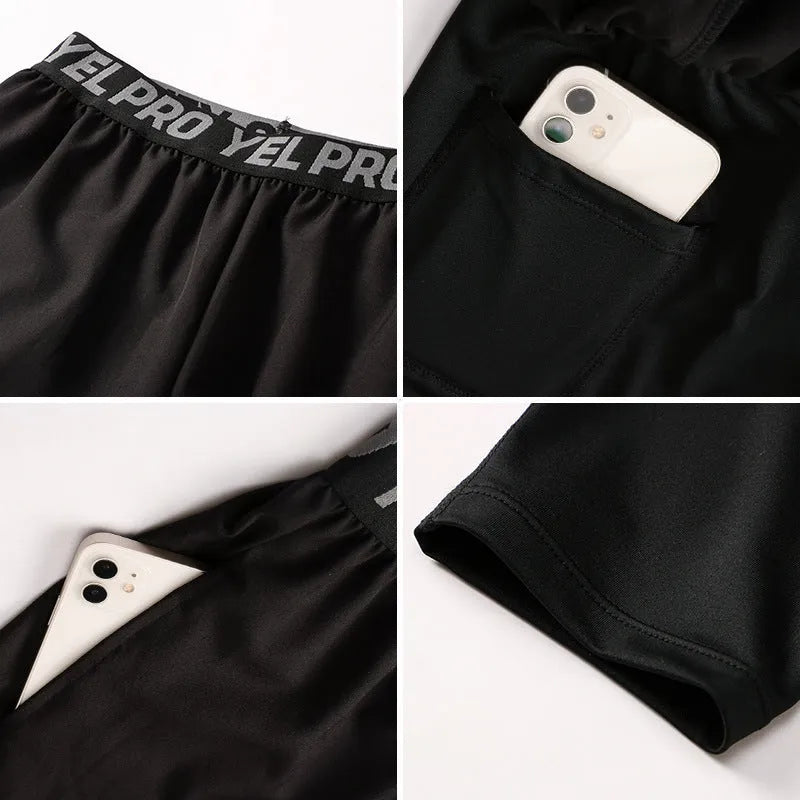 Men's grey quick-drying high elastic tight sports pants for fitness and running.