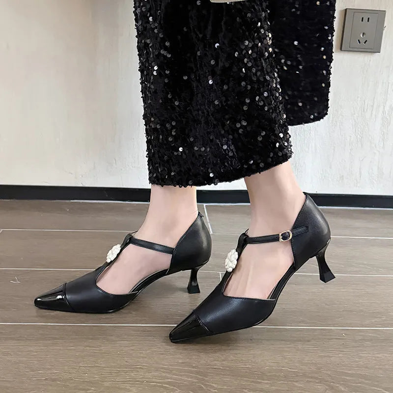 Women's gold black milky white flower stiletto heel pointed toe shoes with buckle