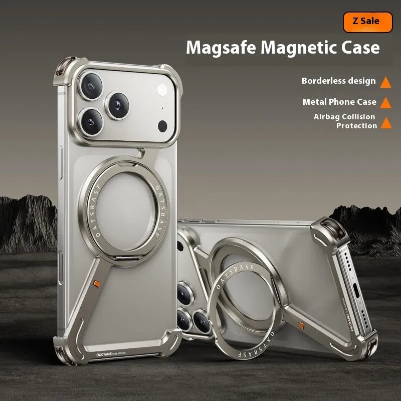 iPhone 17 Pro Max metal phone case with magnetic bracket in electroplated finish