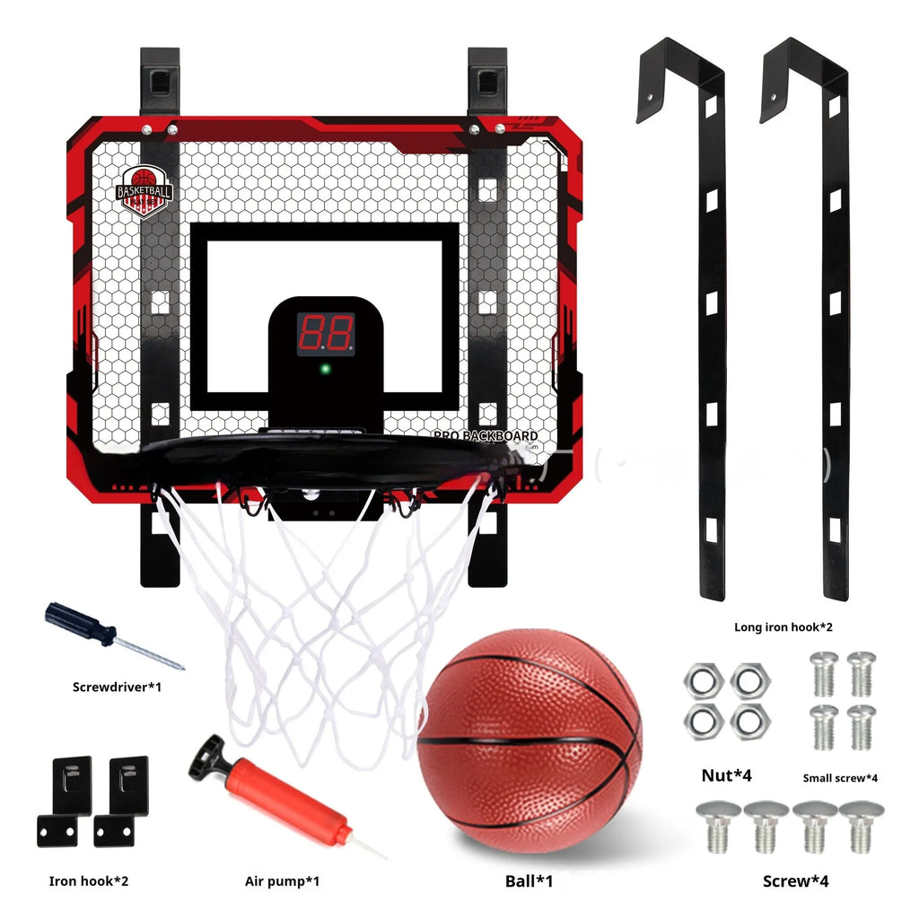 Red folding basketball frame with suction cups mounted on glass door showing scoring panel