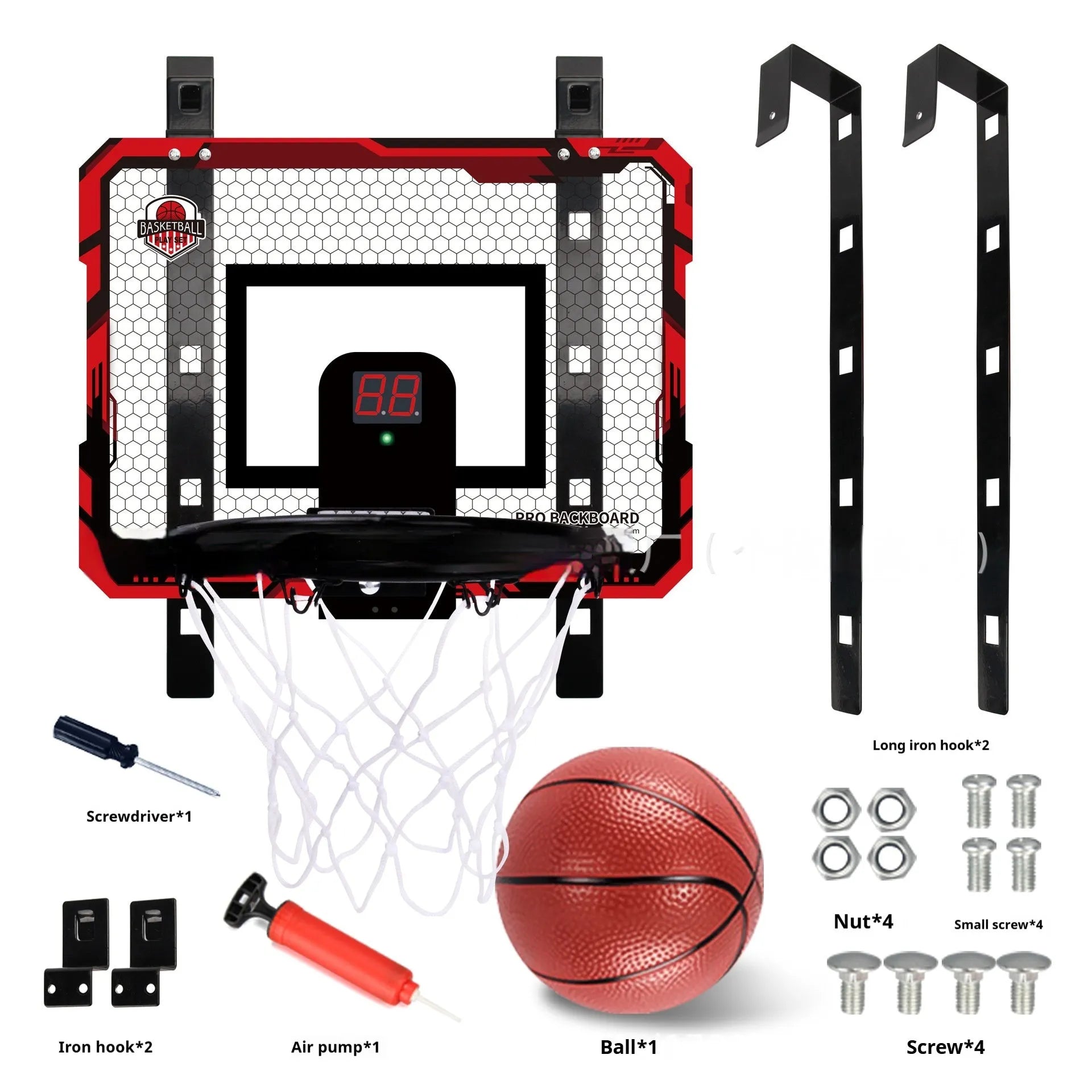 Red folding basketball frame with suction cups mounted on glass door showing scoring panel