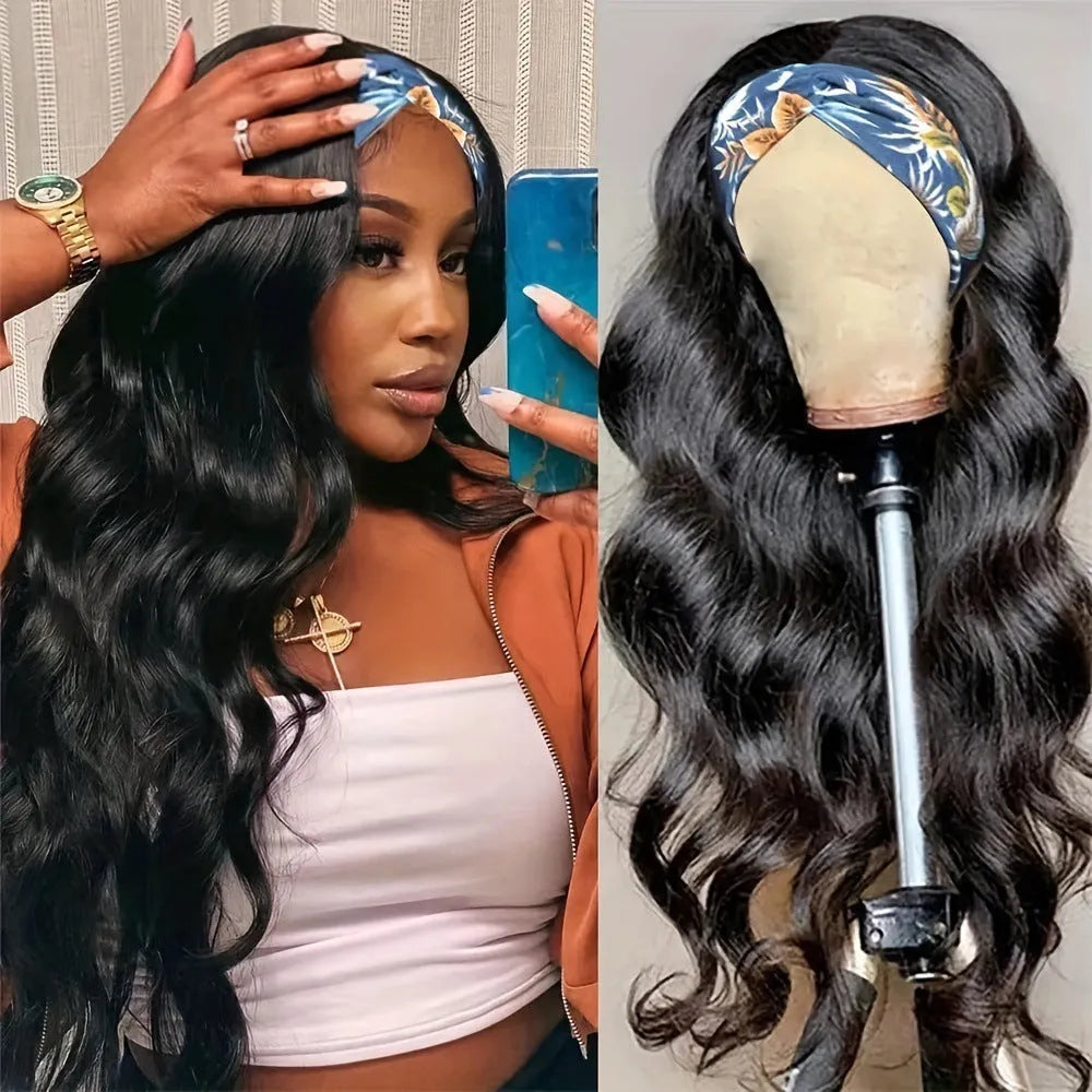 Headband wig with long straight black hair on display stand