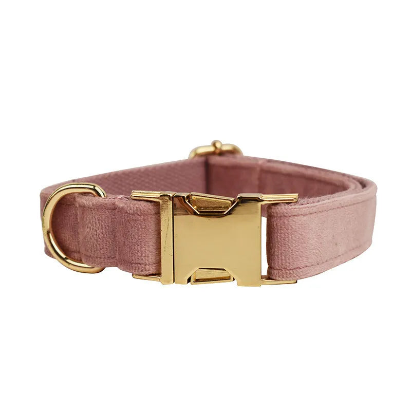 Light purple pink velvet dog collar and leash set with matching accessories for small to medium dogs