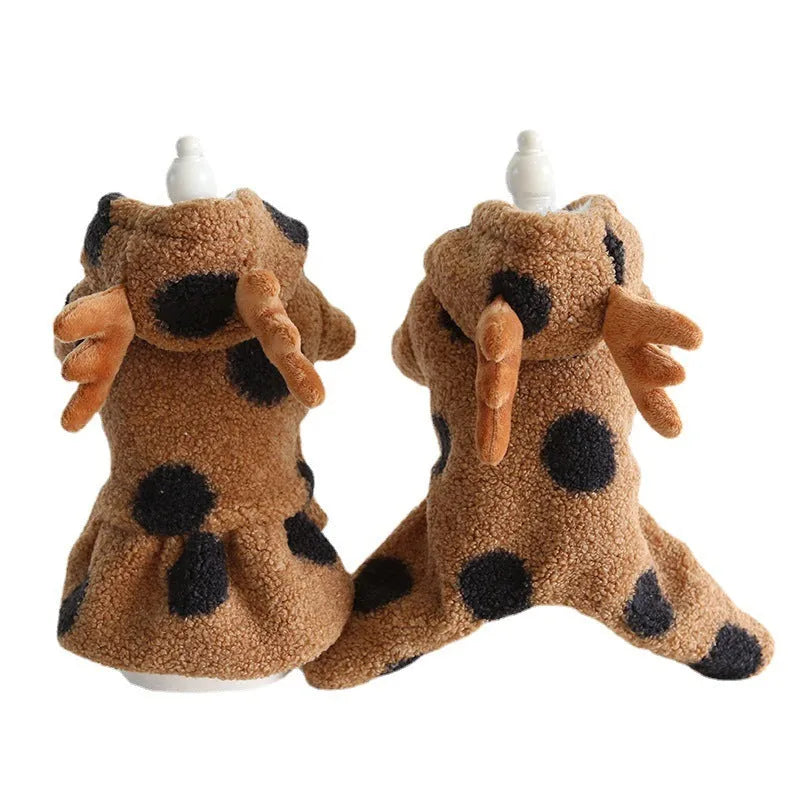 Polka dot pet clothing with elk couple design for dogs and cats in skirt and four-leg styles