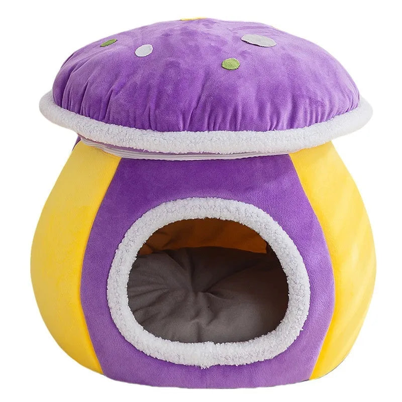 Purple mushroom-shaped plush cat bed for small pets on a grey background.