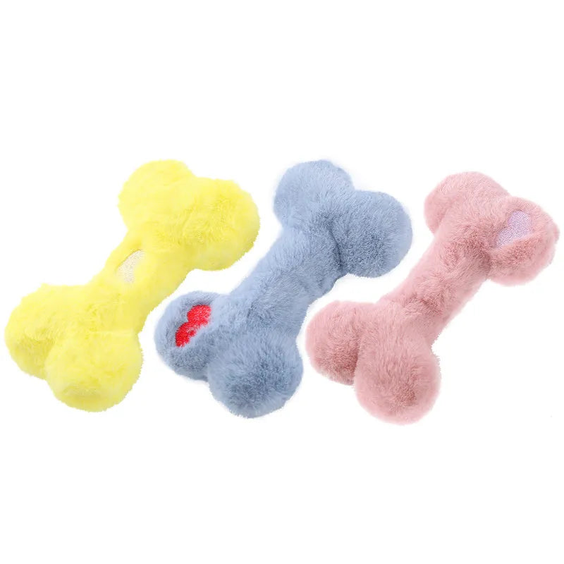 Blue plush bone-shaped dog toy with a squeaker for interactive bite-resistant play