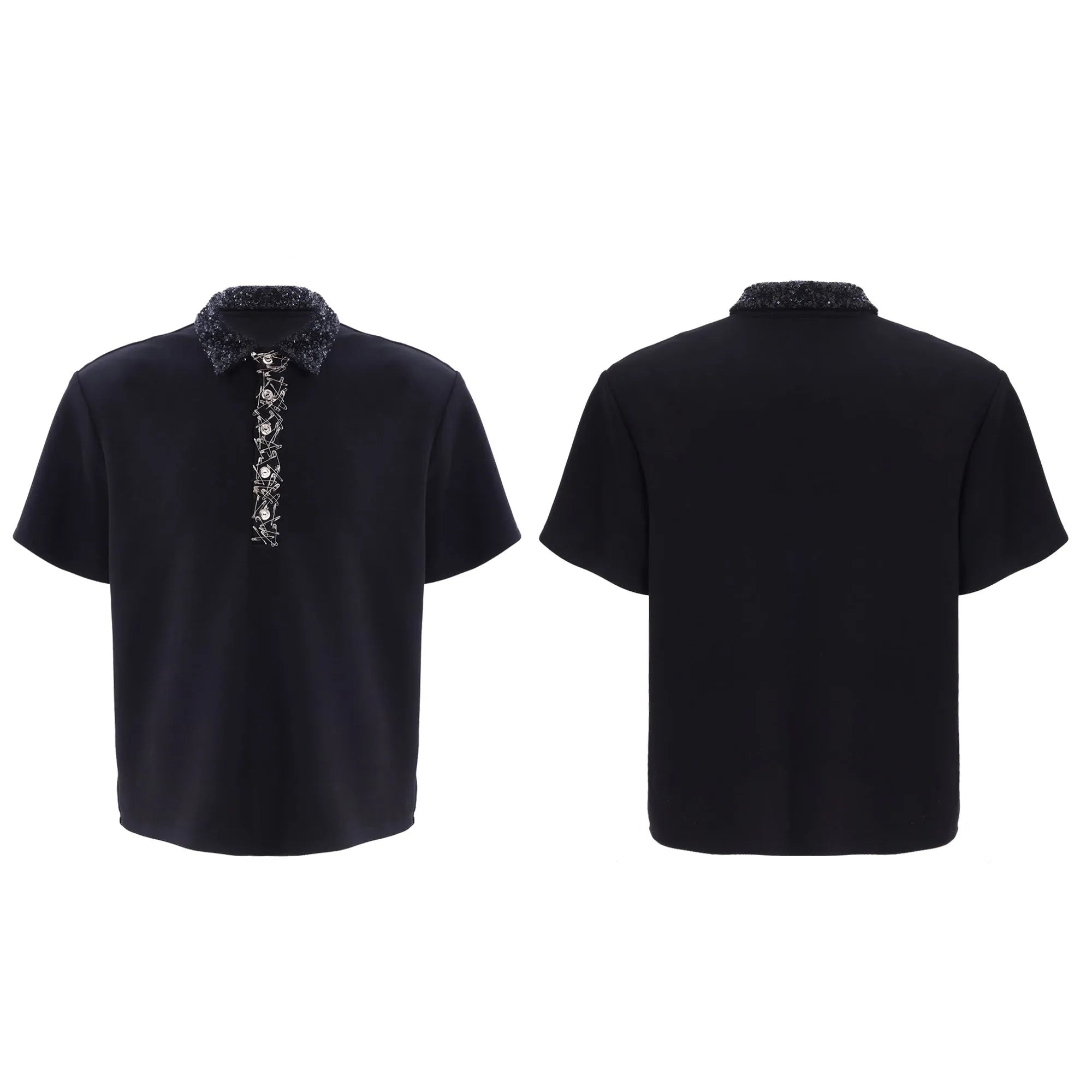 Men's black loose fit square collar polo shirt with embroidered sequin pattern and short sleeves