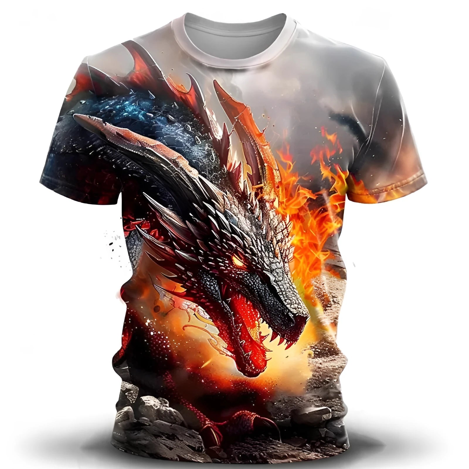Man wearing a grey T-shirt with a large blue and white 3D Wind Dragon print across the chest.