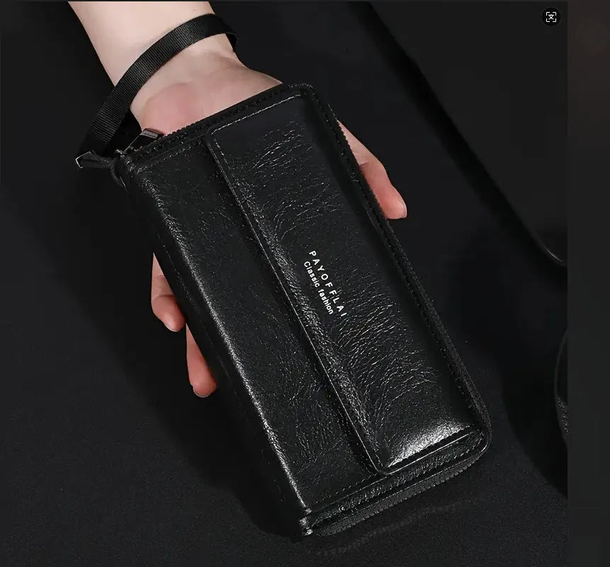 Men's black PU leather long wallet showing multiple card slots and measuring 19x10.5x4 cm