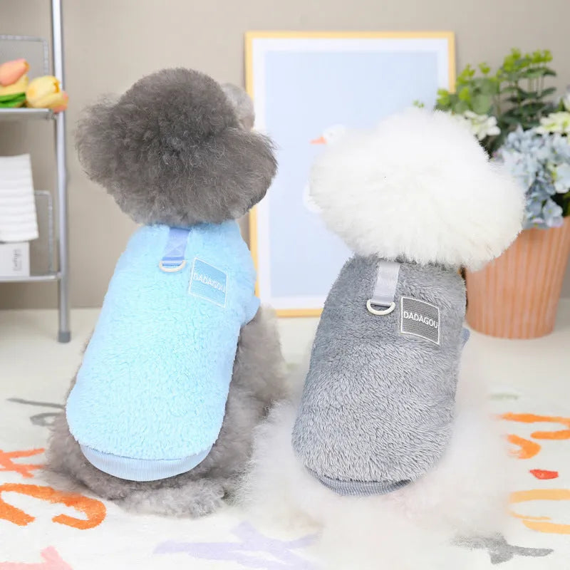 A dog wearing a soft blue coral fleece casual jacket.