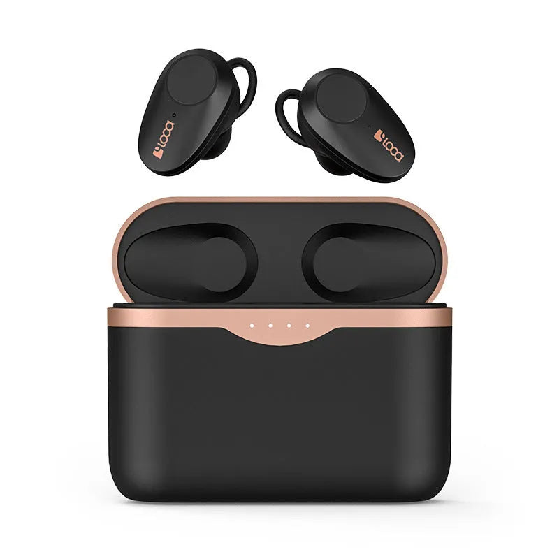 Black wireless Bluetooth stereo headset with charging case showing earbuds with rubber ear tips