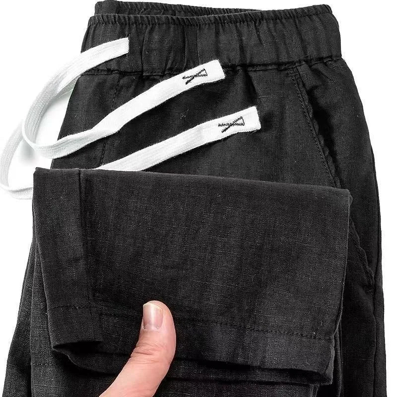 Pure linen Chinese-style straight trousers with elastic waistband in multiple colour options