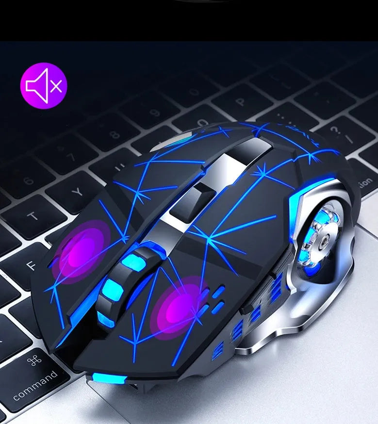 Black and white wireless mouse with USB charging cable showing six buttons and optical sensor