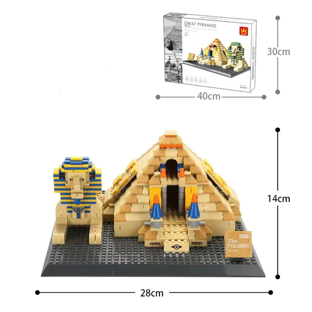 Wange building block set showing over 800 small ABS plastic pieces for constructing global landmark models.