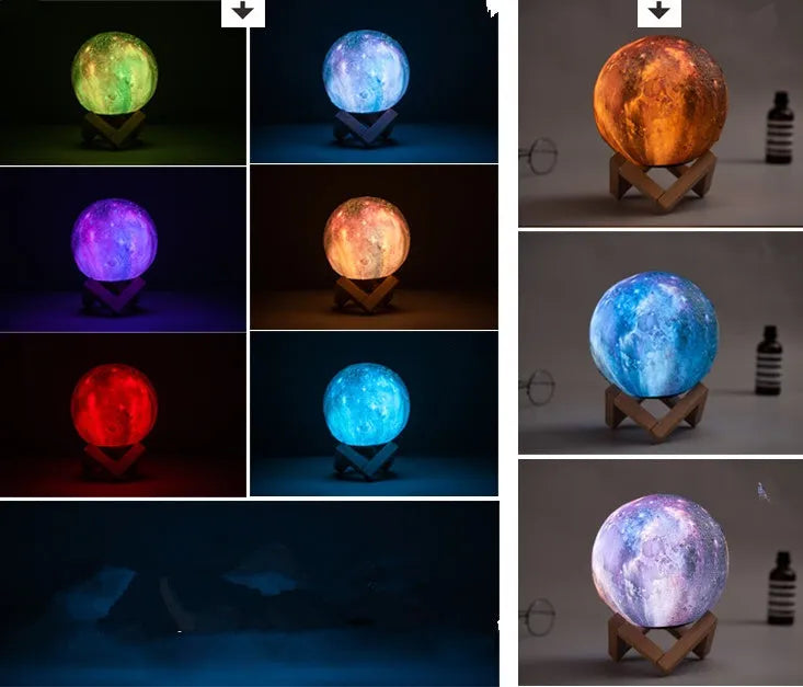 3D-printed spherical lunar night light with remote control on wooden table