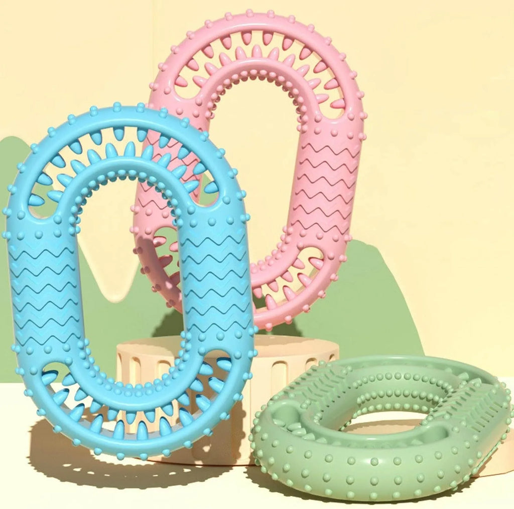 Blue green pink resistant O-ring dog chewing toy for aggressive chewers measuring 12.5cm
