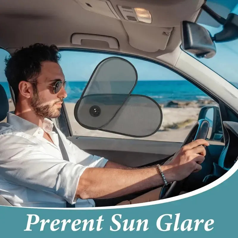 Black stretchy car side window sunshade for babies, shown with suction cups attached.