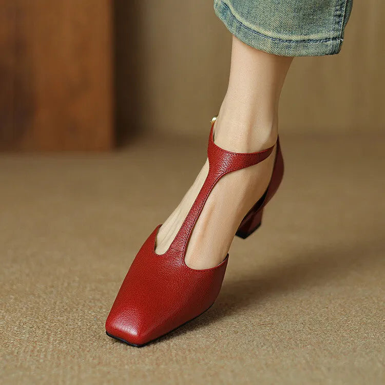 Wine red women's square toe chunky heel shoes with buckle closure, made from sheepskin leather.