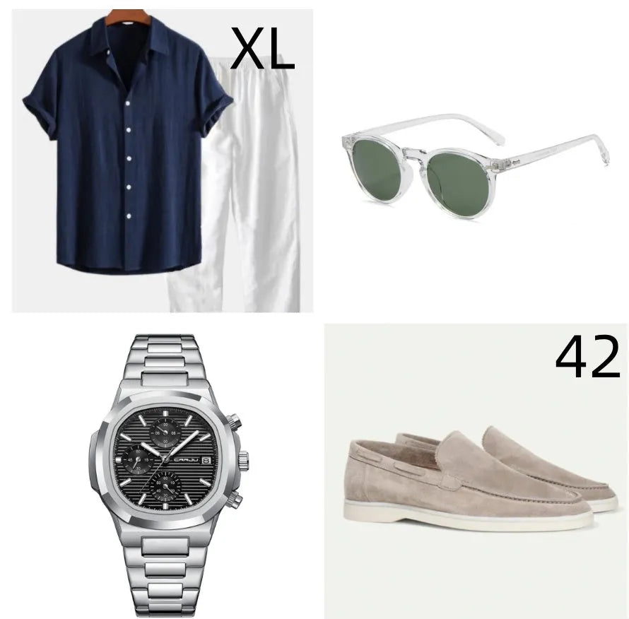 Navy blue casual short sleeve beachwear suit with trousers on a hanger.