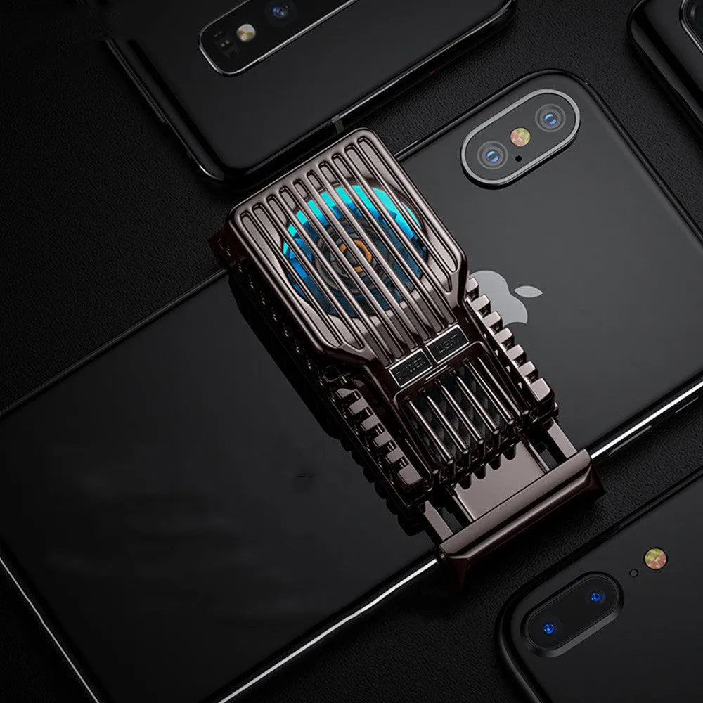 Black mobile phone radiator with ceramic cooling panel attached to smartphone