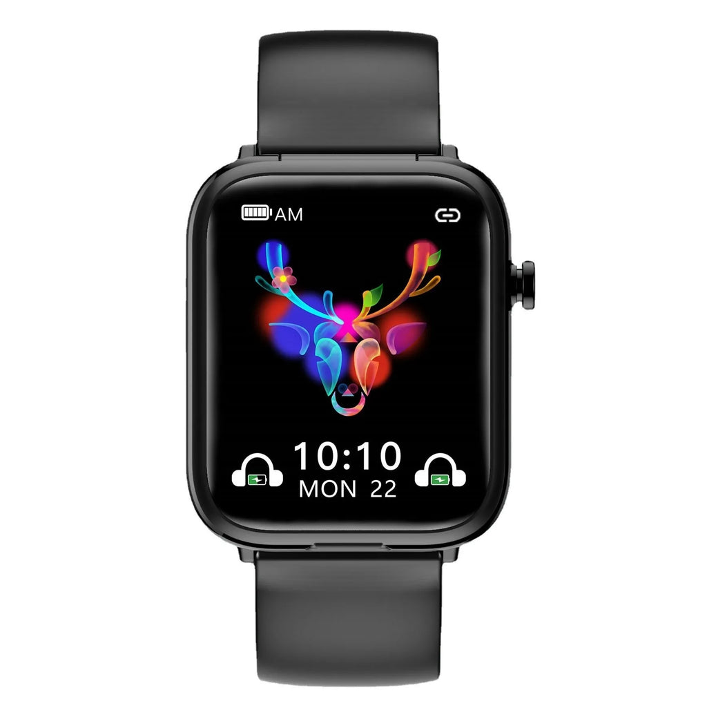 Black zinc alloy smartwatch with 1.69-inch touchscreen next to wireless Bluetooth earbuds and charging case.