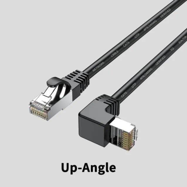 Right-angled Cat6 Ethernet cable with metal connector in various colours including black, red, and yellow.