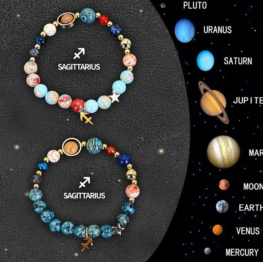 Set of twelve natural stone beaded bracelets laid out, each with a different design representing a zodiac sign.