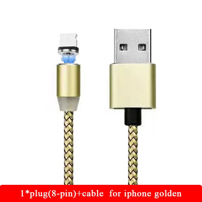 1 metre cotton braided magnetic charging cable with LED light and aluminium connectors