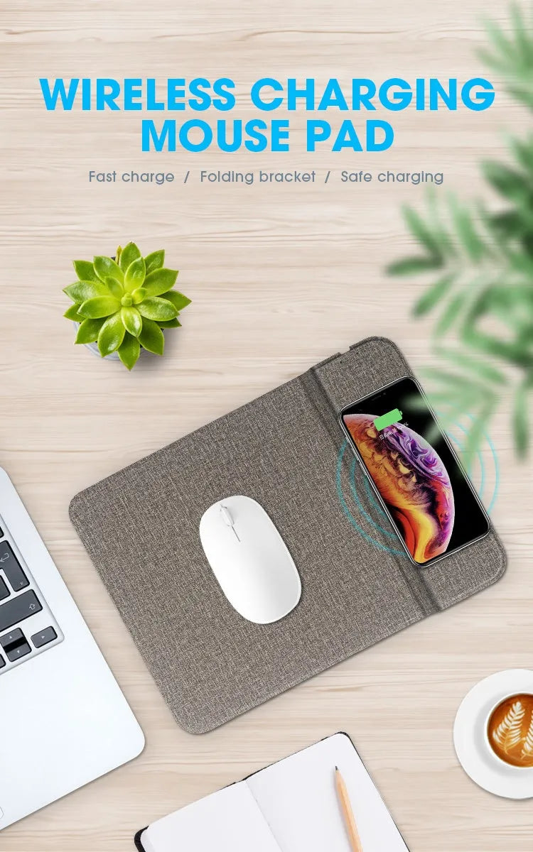 Foldable fabric phone holder with integrated 10W wireless charging pad shown open and closed.