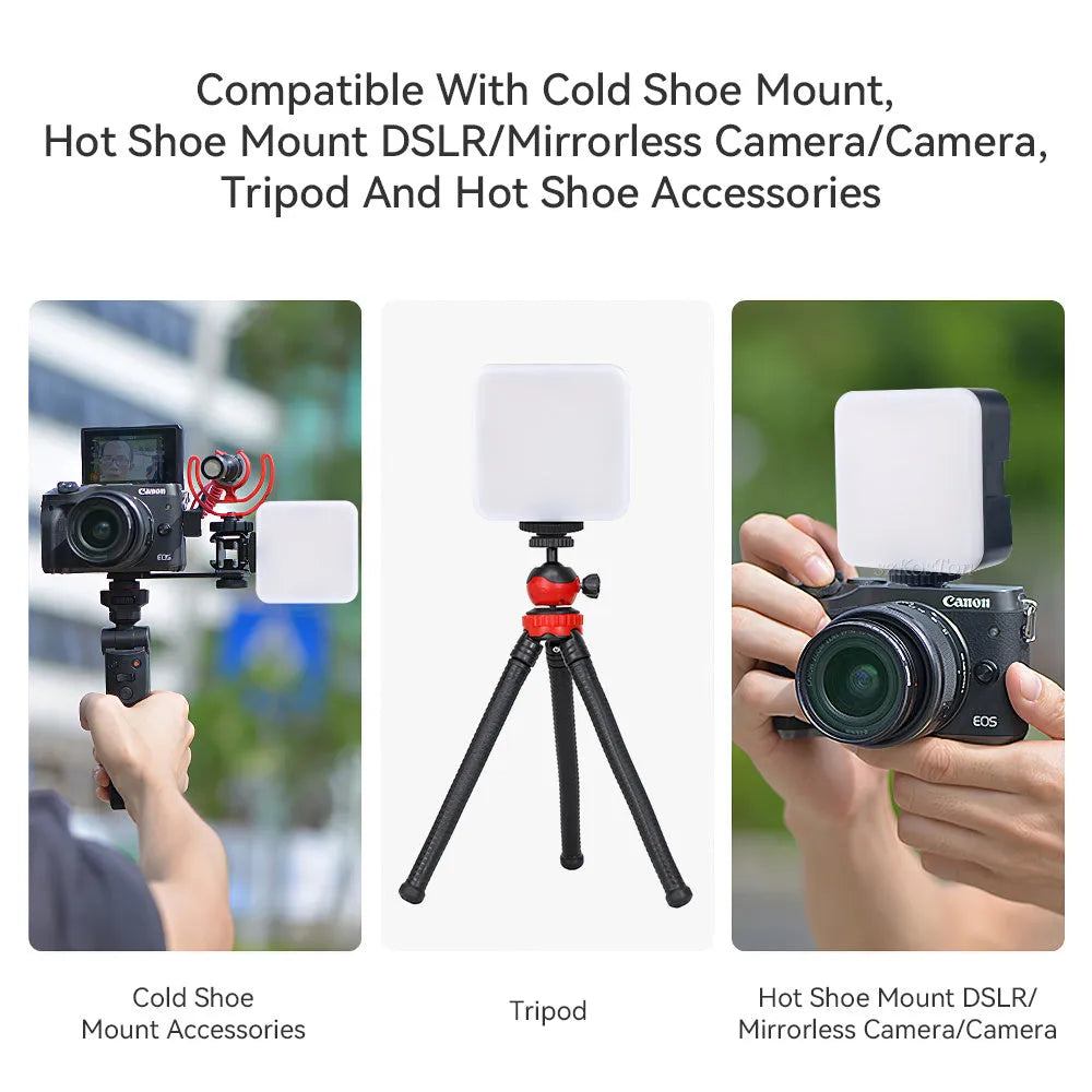 Compact square on-camera top flash unit with hot shoe mount and rotatable head.