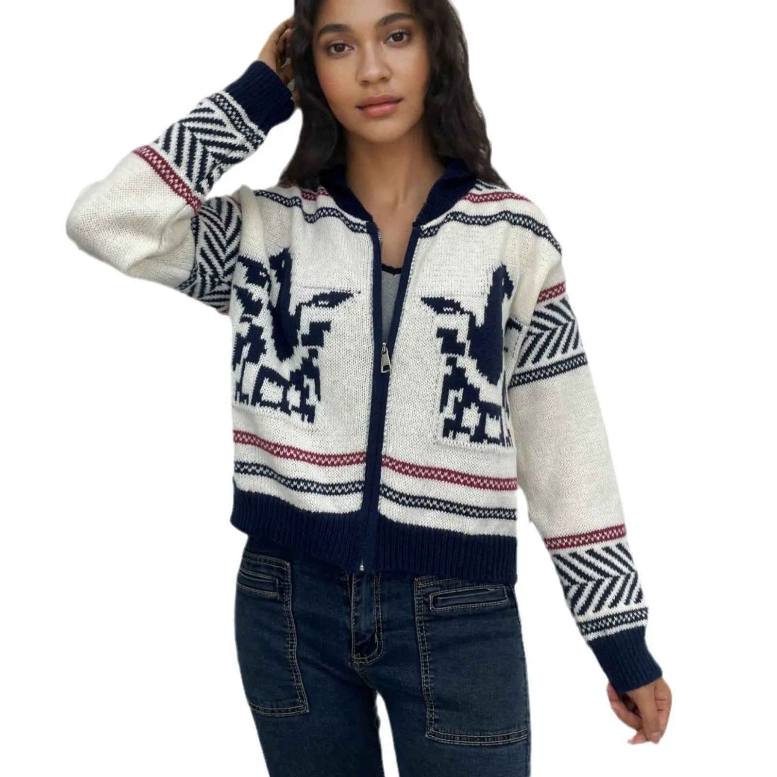 White women's cardigan with a front zip, lapel collar, and jacquard contrast colour striping.