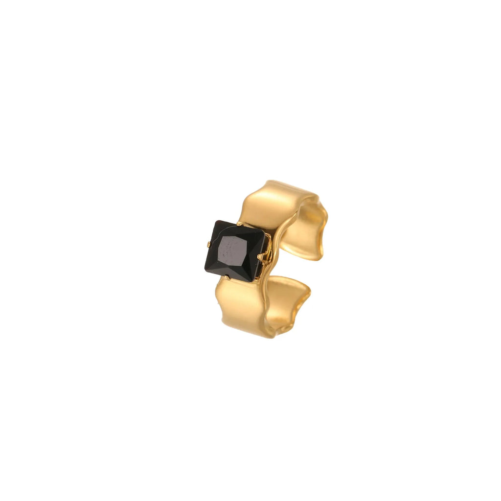 Geometric open mouth adjustable ring with inlaid zircon detailing on electroplated stainless steel
