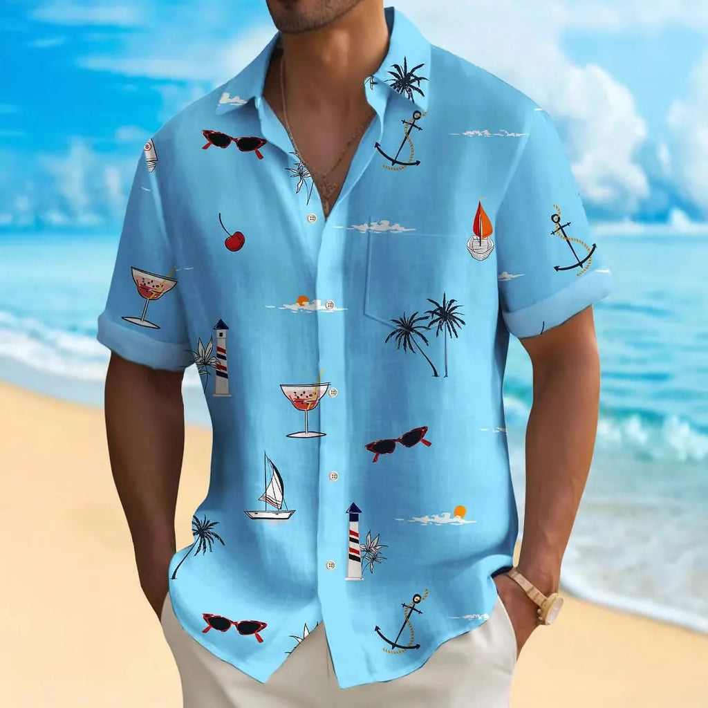 Man wearing a loose-fit, short-sleeve Hawaiian shirt with a colourful digital printed tropical pattern.