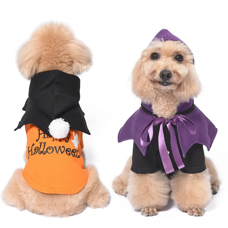 Black and orange Halloween dog sweater with matching shawl two-piece cotton set
