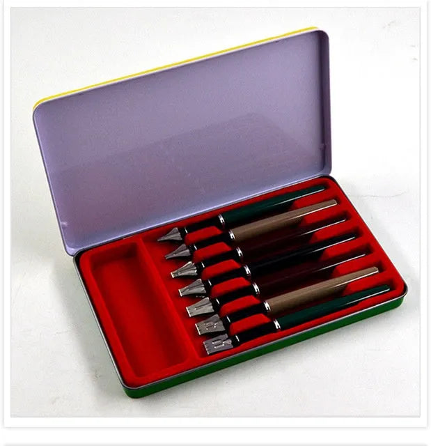 Right Point 7-piece calligraphy pen set with 2mm to 11mm stainless steel nibs in plastic metal holders