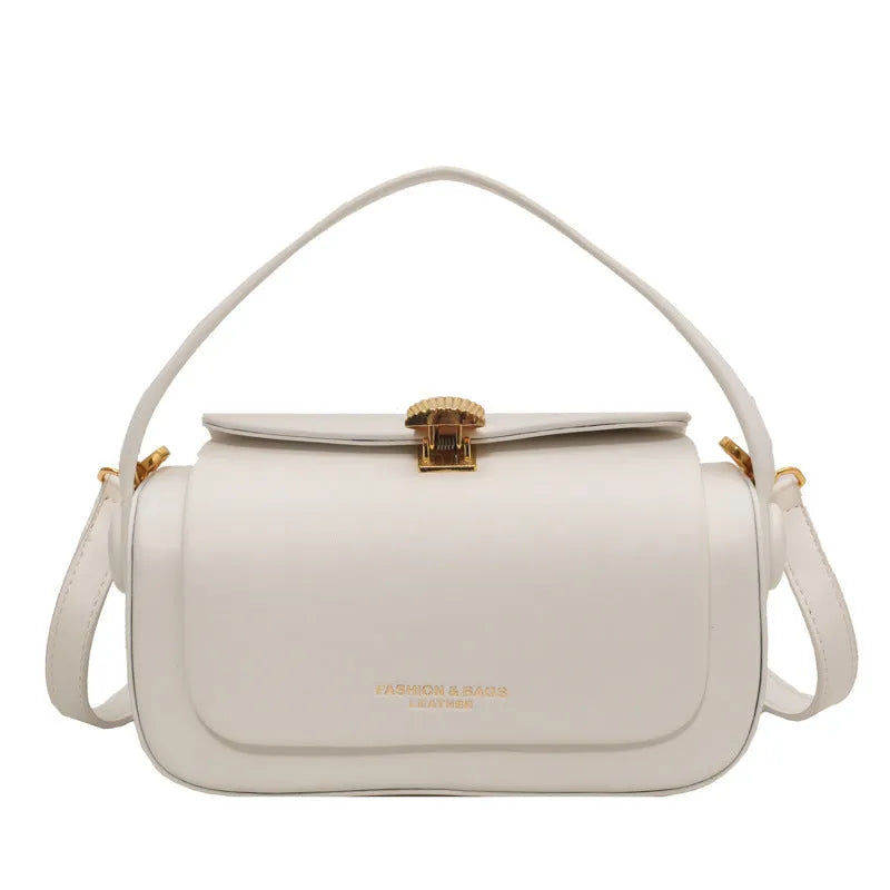 Personalised women's PU shoulder messenger bag with letter accent and stitching detail, shown in beige colour.