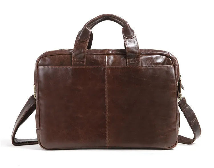 Brown men's business briefcase made from first layer cowhide leather with 18-inch laptop capacity